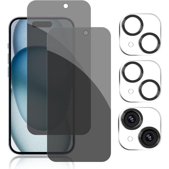 Pehael [2+2 Pack] iPhone 15 Privacy Screen Protector with Camera Lens Protector - Picture 1 of 9